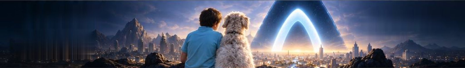 A boy and his dog looking out over a city beneath the glowing Arc